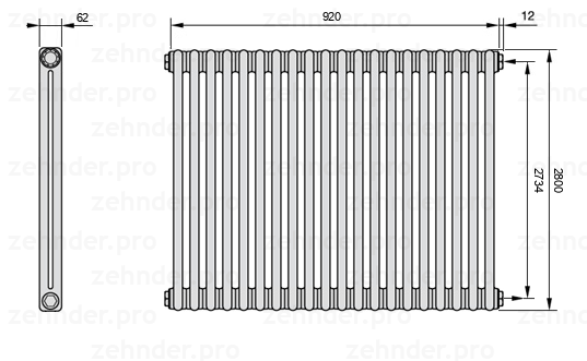 Схема (чертеж) Радиатор Zehnder Charleston 2280/20 №7610 Белый глянцевый RAL 9016